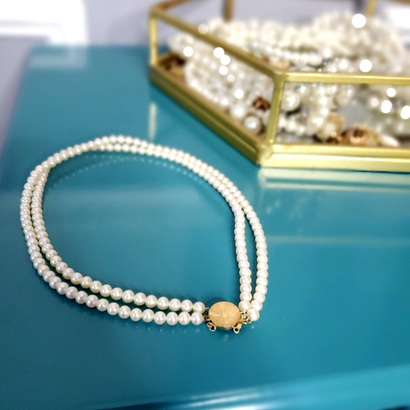 14k Gold Double Strand Vintage Pearl Necklace - Picture 4 of 7